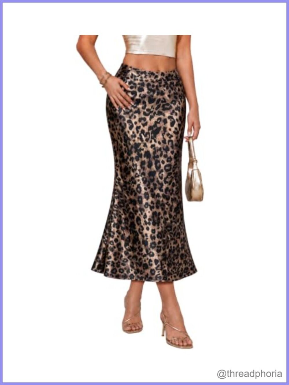 Women's Satin Midi Skirt Leopard Print A-Line High Waist Flowy
